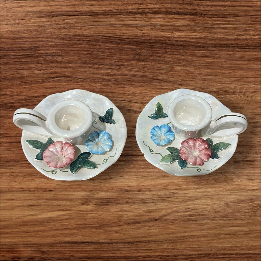Vintage Porcelain Candle Holders Set Of 2 Flowers Shiny Cottage Core